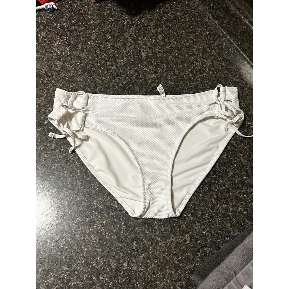 Aerie White Textured Bikini Bottom Adjustable Side Ties Size L Swim Beach Summer